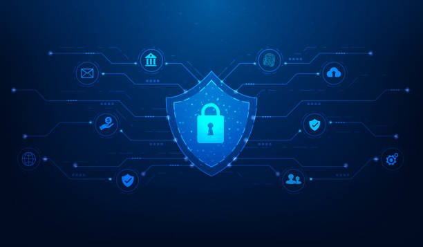 ilustraciones, imágenes clip art, dibujos animados e iconos de stock de tecnología digital de llave de seguridad con icono sobre fondo azul. concepto de seguridad de la privacidad. protección de redes de datos cibernéticos. ilustración vectorial fantástico diseño digital. - escudo arma de protección