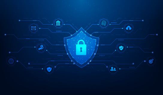 safety key digital technology with icon on blue background. privacy security concept. cyber data network protection. vector illustration fantastic digital design.