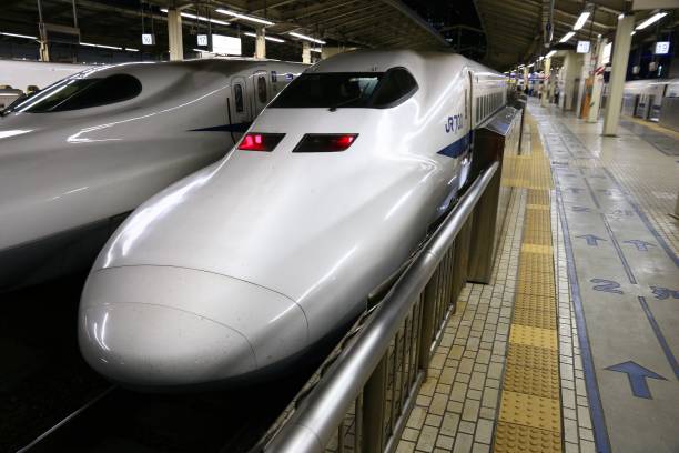 Shinkansen Tokaido bullet train at Tokyo Station, Japan. Tokaido route is served by Hikari and Nozomi Shinkansen trains.