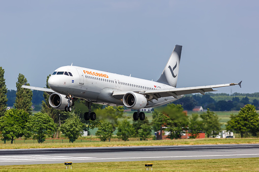 Brussels, Belgium - May 21, 2022: Freebird Airlines Airbus A320 airplane at Brussels Airport (BRU) in Belgium.