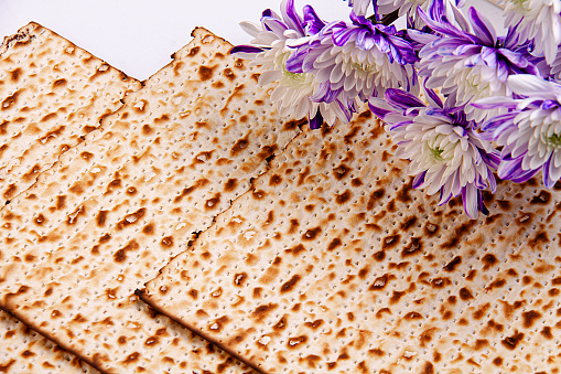 Passover background with matzah and white and purple gerberas. Jewish holiday. View from above. Passover (Passover) Seder Passover celebration concept.