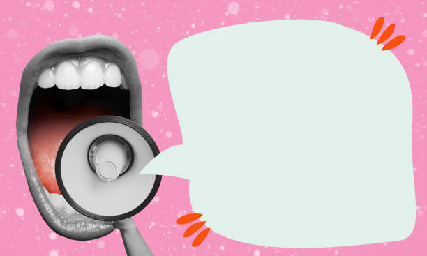 istock Art collage, megaphone and screaming mouth with message bubble on pink background. 2116835616