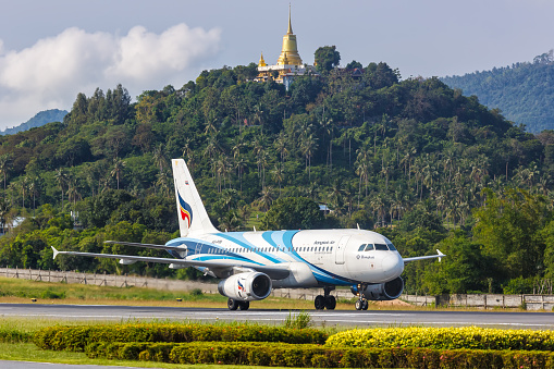 Ko Samui, Thailand - February 13, 2023: Bangkok Air Airbus A319 airplane at Ko Samui Airport (USM) in Thailand.