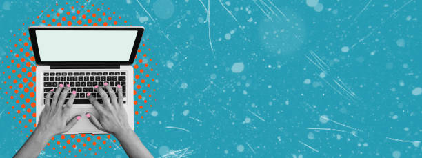 istock Art collage, work on laptop, top view, space to copy space. 2116836673