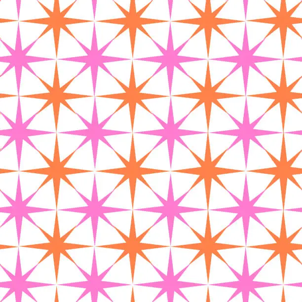 Vector illustration of Mid Century Modern Atomic starbursts seamless pattern in hot pink and orange over white background.