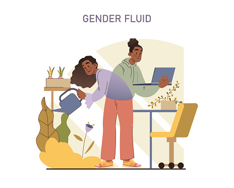 Gender Fluid concept. A serene scene depicting the nurturing of growth and the embrace of gender fluidity in a tranquil domestic space.