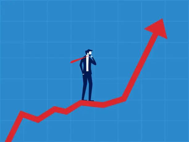 Vector illustration of Think about profit. businessman stands and analyzes the growth graph