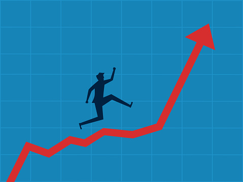 Gain profit. Businessman is happy on the growth graph. vector