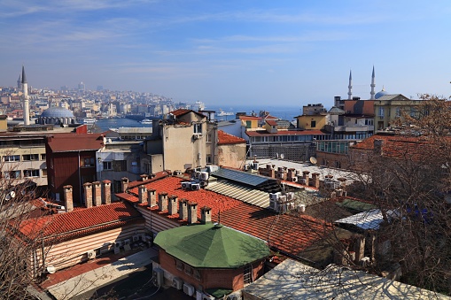 Istanbul view from Suleymaniye Mosque seeing Galata Tower and Bosphorus
