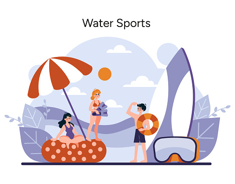Water Sports concept. Enthusiasts enjoy sunny beach activities with snorkeling gear and a lifebuoy, embodying the excitement of aquatic adventures. Vector illustration