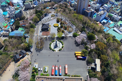Yongdusan Park aerial view in Busan city, South Korea.