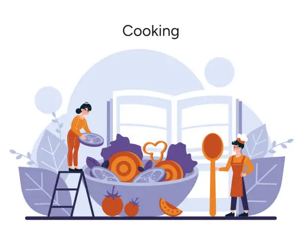 Vector illustration of A chef and an assistant prepare ingredients with joy