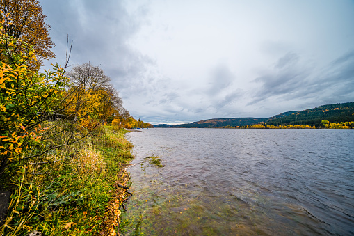View of the Schluchsee in the Black Forest with the surrounding landscape. Nature by the lake in autumn.