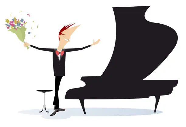 Vector illustration of Pianist with bunch of flowers stands near a piano