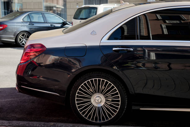 New York City, USA - July 23, 2023: 2018 Mercedes-Benz AMG C63 grey color, side view.