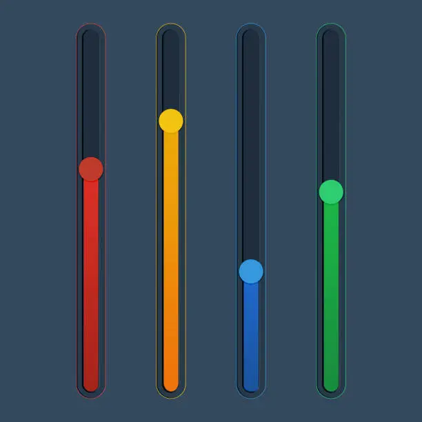 Vector illustration of 3d colorful scroll bar. Down button. Panel switch control. Website element. Web ui. 4 Red, yellow, green, blue vertical drag shape, level, scale. Software tools. Loading bar. Vector design.