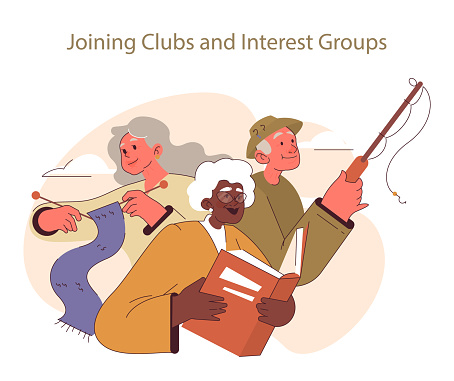 Joining clubs and interest groups concept. Seniors enjoying pastime activities with peers, fostering friendships through shared hobbies. Lifelong learning and leisure in retirement.