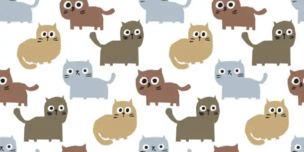 Vector illustration of Hand drawn cute little cats kids drawing flat design seamless pattern