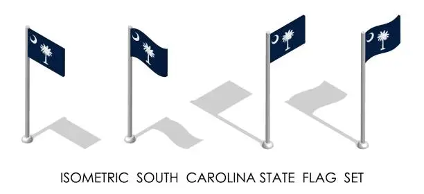 Vector illustration of Isometric South Carolina US state in static position and in motion on flagpole. South Carolina map pin mark. 3d vector isolated on white background