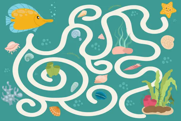 Vector illustration of Children's educational game labyrinth. Vector game for children with a water world.