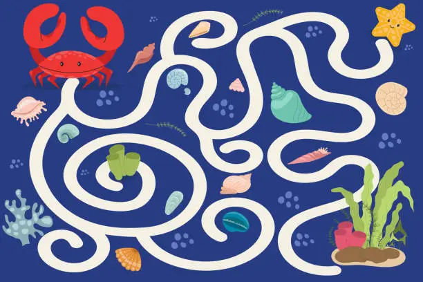 Vector illustration of Children's educational game labyrinth. Vector game for children with a water world.
