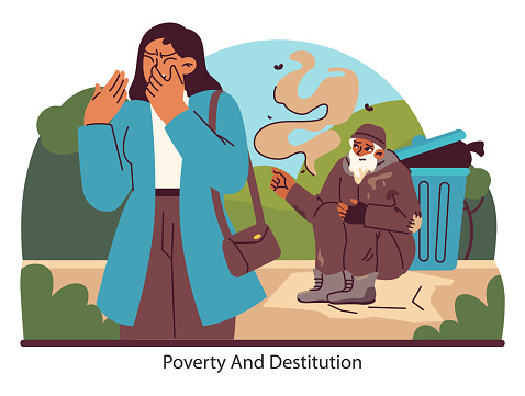 Societal plight set. A woman empathizes with a homeless man amidst urban neglect. The stark reality of homelessness and societal oversight. Flat vector illustration.