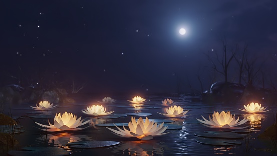 3d render Lotus flowers on a magical night on the water against the backdrop of the moon in 4k