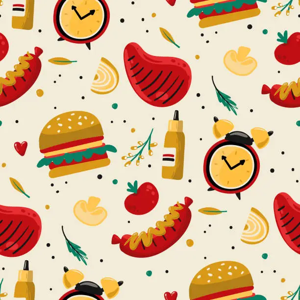 Vector illustration of Seamless Pattern BBQ Time. Barbeque food, elements, collection. Hot dog, hamburger, alarm clock, steak, tomato, onion, pepper, mushroom, sauce. Vector file