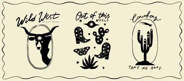 Vector illustration of Set of cowboys design print elements. Cow skull head, cactus an other
