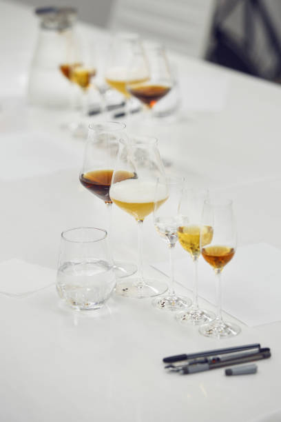 istock Different alcoholic beverages for blind tasting conduction. Sommelier school, wine waiter professional work. 2116947328