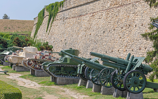 Belgrade, Serbia - July 25, 2021: Old Cannon Artillery Guns Tanks Vehicles from Great War in Front of Military Museum at Kalemegdan Fortress.
