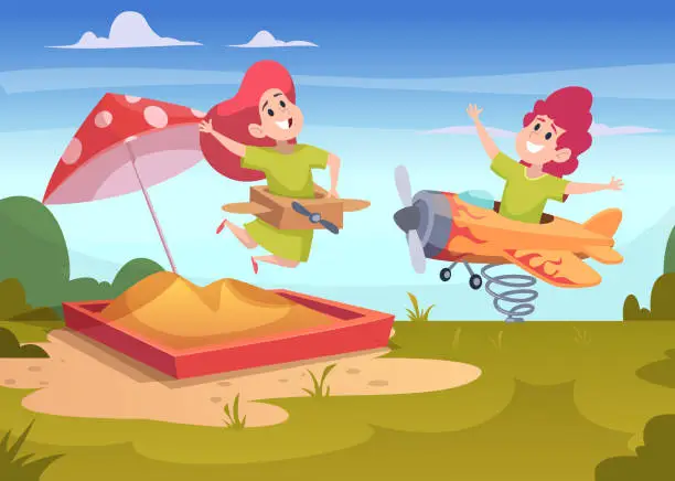 Vector illustration of Kids playground kids playing outdoor with airplane toys flying and jumping vector cartoon background