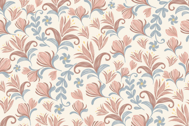 illustrazioni stock, clip art, cartoni animati e icone di tendenza di cornice del bordo dello sfondo senza soluzione di continuità del motivo floreale ditsy. illustrazione vettoriale floreale rosa pesca disegnata a mano con foglie di rami. - rose flower pink honeysuckle pink