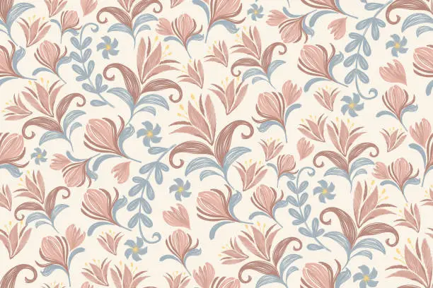 Vector illustration of Ditsy flower pattern seamless background border frame. Vector illustration hand drawn peach pink  floral with branches leaves.