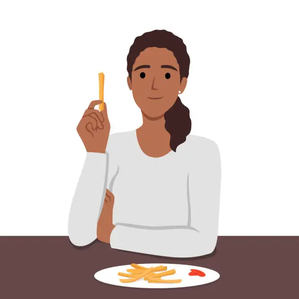 Vector illustration of Woman eats french fries without thinking about health risks