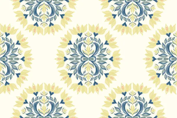 Vector illustration of Lotus flower pattern seamless Ethnicity Ikat embroidery  design damask style background border motif hand drawn vector illustration.