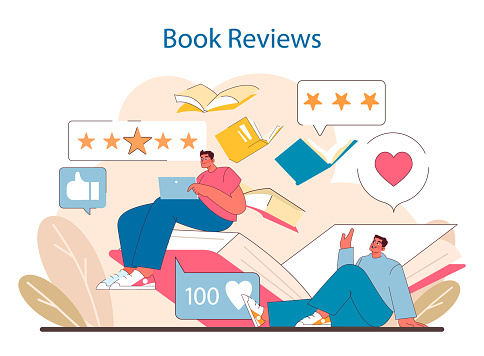 Literary Critique and Appreciation concept. Individuals share and rate their reading experiences, showcasing the interactive nature of book reviews in the digital realm. Flat vector illustration.