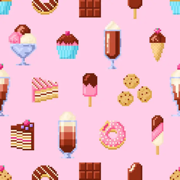 Vector illustration of Pixel art seamless pattern of sweet food. Donut, ice cream, muffins, milkshake and cakes in style of eight-bit game. Seamless pattern.Texture for fabric, wrapping, wallpaper