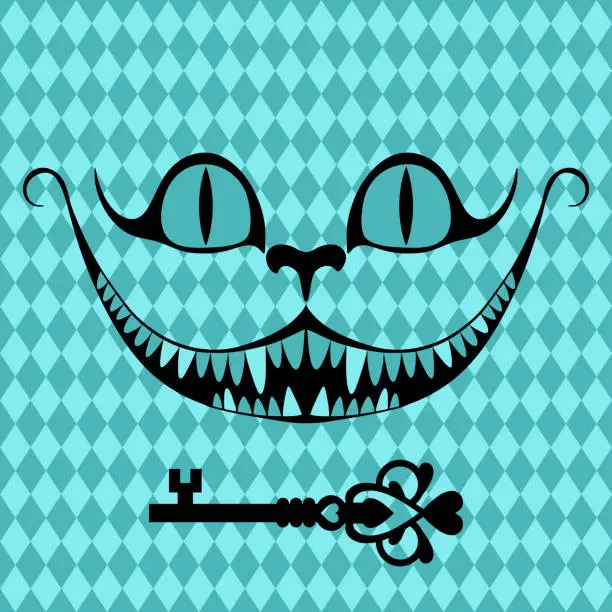 Vector illustration of Wonderland vector card. Mad tea party. Black silhouettes  the smile of the Cheshire cat and the key to wonderland on blue checkered background
