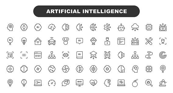 Artificial Intelligence Line Icons. Editable Stroke. Contains such icons as AI, Brain, Chip, Coding, Data, Engineering, Generative Art, GPU, Machine, Machine Learning.