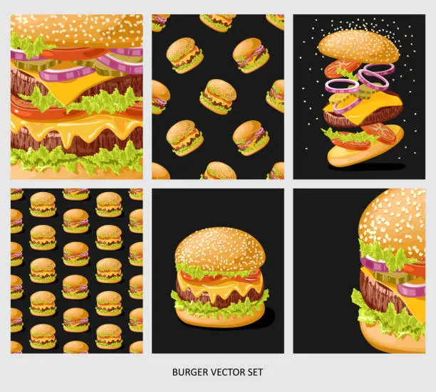 Vector illustration of Set of food cards. Burger with meat, cheese, sauce and vegetables, tomato, onion and cucumber.  Cheeseburger  seamless pattern. Texture of burgers for fabric, wrapping, wallpaper. Decorative print