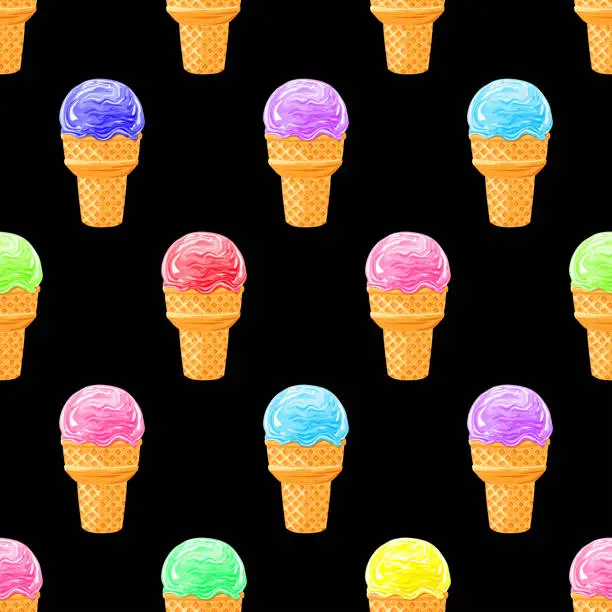 Vector illustration of bright fruit ice cream.  Seamless pattern on black background. Texture for fabric, wrapping, wallpaper. Decorative print.