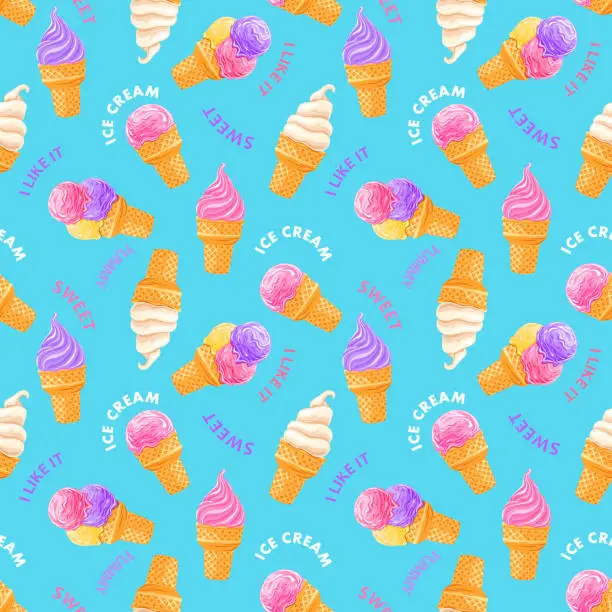 Vector illustration of Pink, white and purple ice cream on a blue  background . Seamless pattern on blue background. Texture for fabric, wrapping, wallpaper. Decorative print.