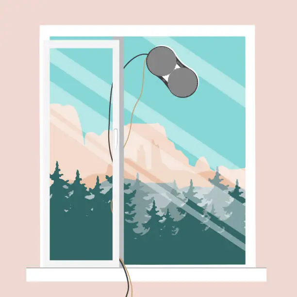Vector illustration of Robot washer vacuum cleaner with microfiber cleaning the dirty window. Modern device for cleaning glass safety for window cleaning and fall protection. Vector isolated illustration.