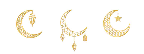 istock Crescent with lanterns and stars. Golden decoration for Ramadan or Al-Adha. Traditional islamic symbols isolated. Muslim holidays ornaments. Vector 2116996480