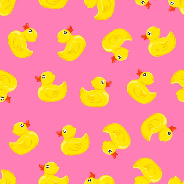 Vector illustration of Yellow rubber duck on pink background.  Seamless pattern. Texture for fabric, wrapping, wallpaper. Decorative print.Vector illustration