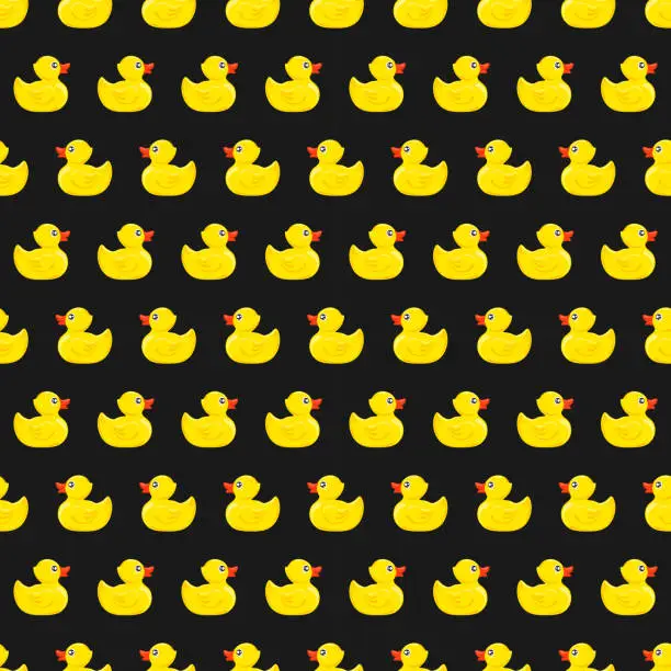 Vector illustration of Yellow rubber ducks on black background.  Seamless pattern. Texture for fabric, wrapping, wallpaper. Decorative print.Vector illustration