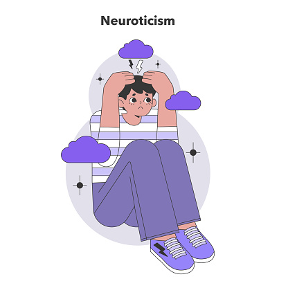 Neuroticism dimension of Big Five Personality Traits. An individual experiencing stress and emotional instability, depicted in a thought-provoking scene. Flat vector illustration.