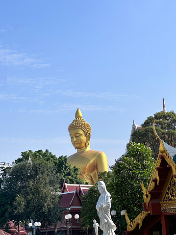Stock photo showing  view from formal surrounding gardens of Phra Buddha Dhammakaya Thep Mongkol, a bronze plated giant Buddha statue by Wat Paknam Bhasicharoen a royal temple, Bangkok, Thailand.