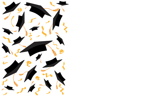 Throwing square academic caps with tassels on background of confetti. Graduation ceremony. Banner for text. Vector illustration